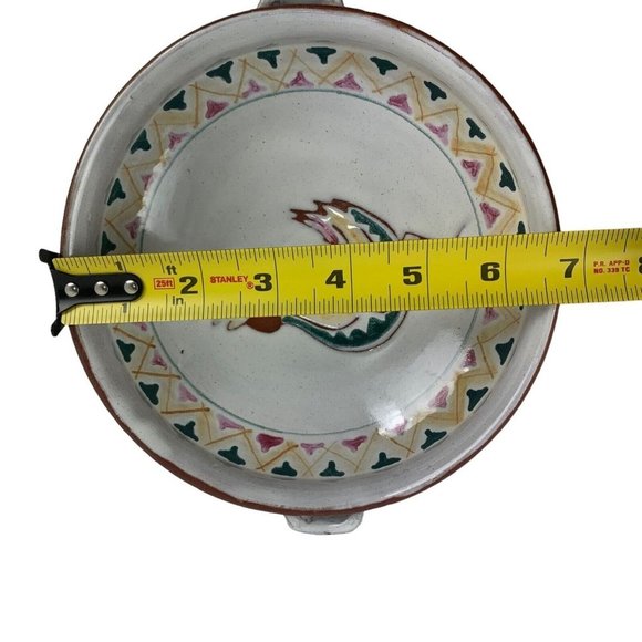 Vintage Signed Mexican Pottery Bowl and Spoon Hen/Rooster  Colorful Pottery Bowl Rooster Southwestern Handles 6 3/4\